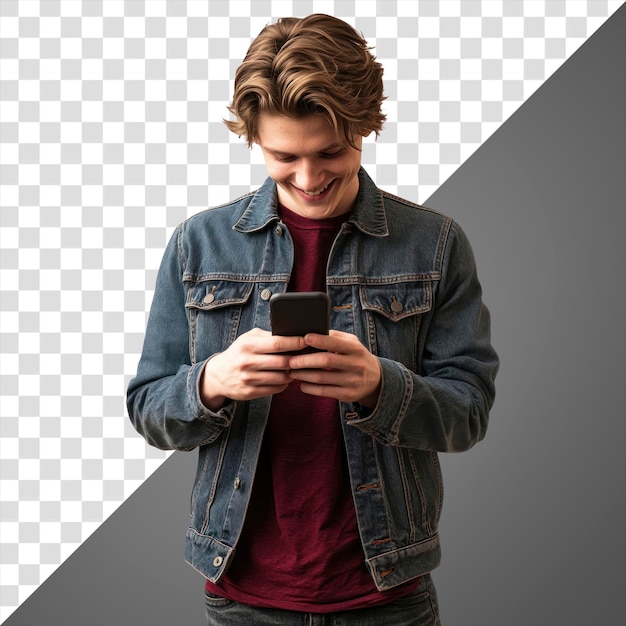 PNG Un giovane caucasico con una giacca che manda SMS al telefono