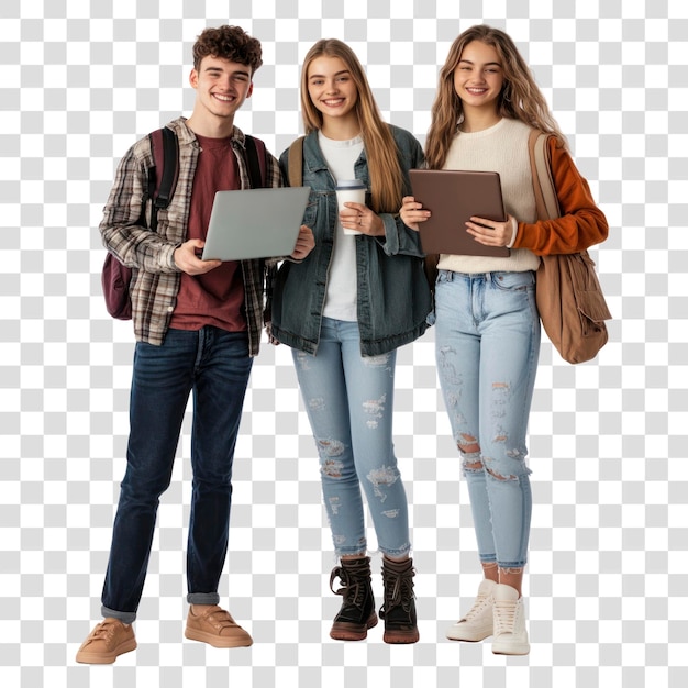 PNG Un gruppo di giovani felici che vestono gli studenti con i portatili