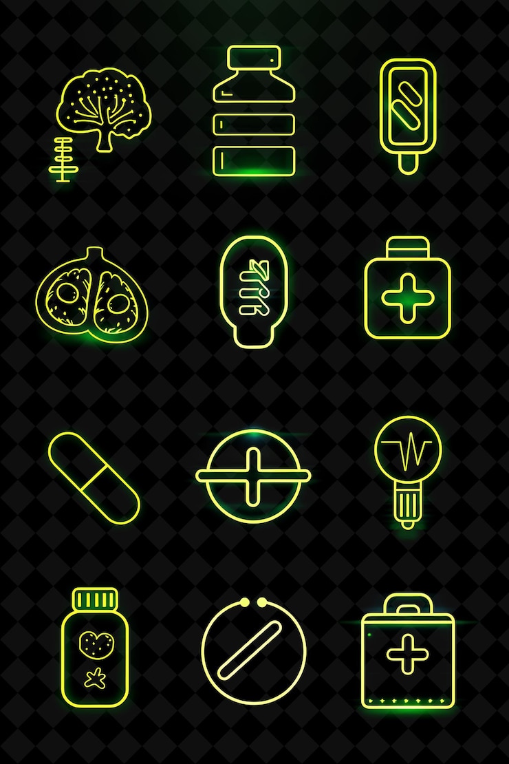 PSD png un set di icone della salute con uno stile punteggiato e una linea di segnali al neon creative y2k shape collections