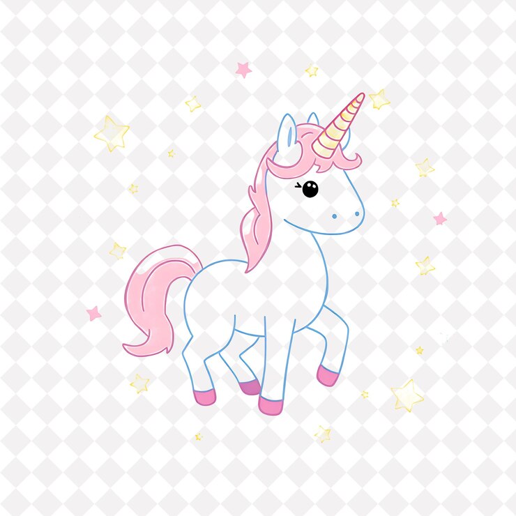 PSD png unicornio mágico con formas de estrellas esparcidas alrededor de diseños de animales etéreos y soñadores