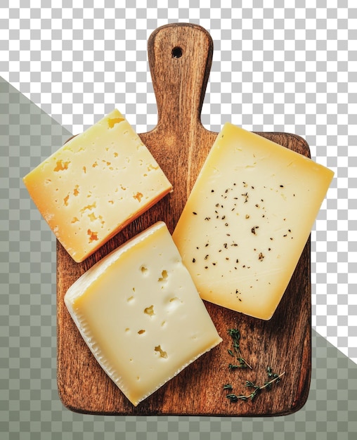 PNG Variedade de queijos exibida num tabuleiro de madeira