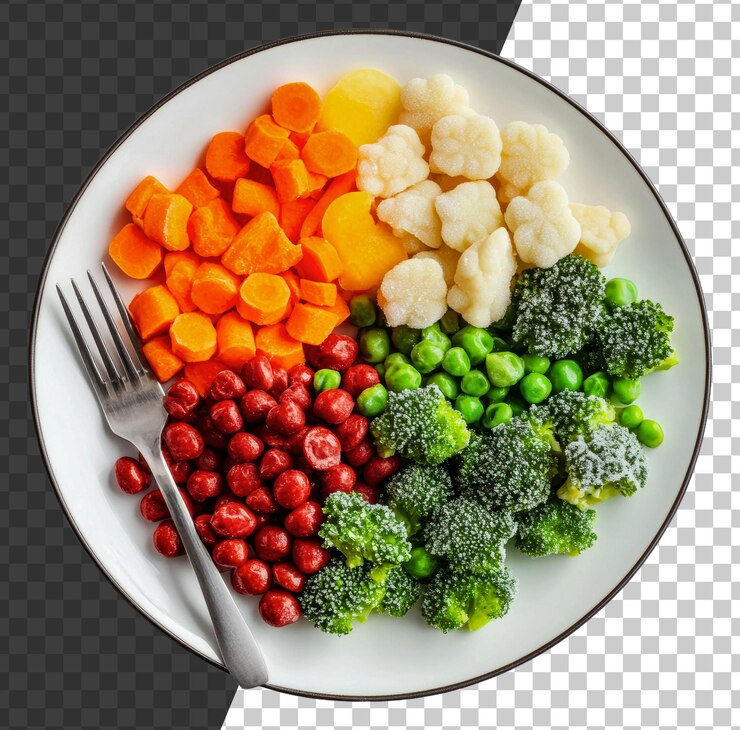 PSD png verduras coloridas en un plato blanco