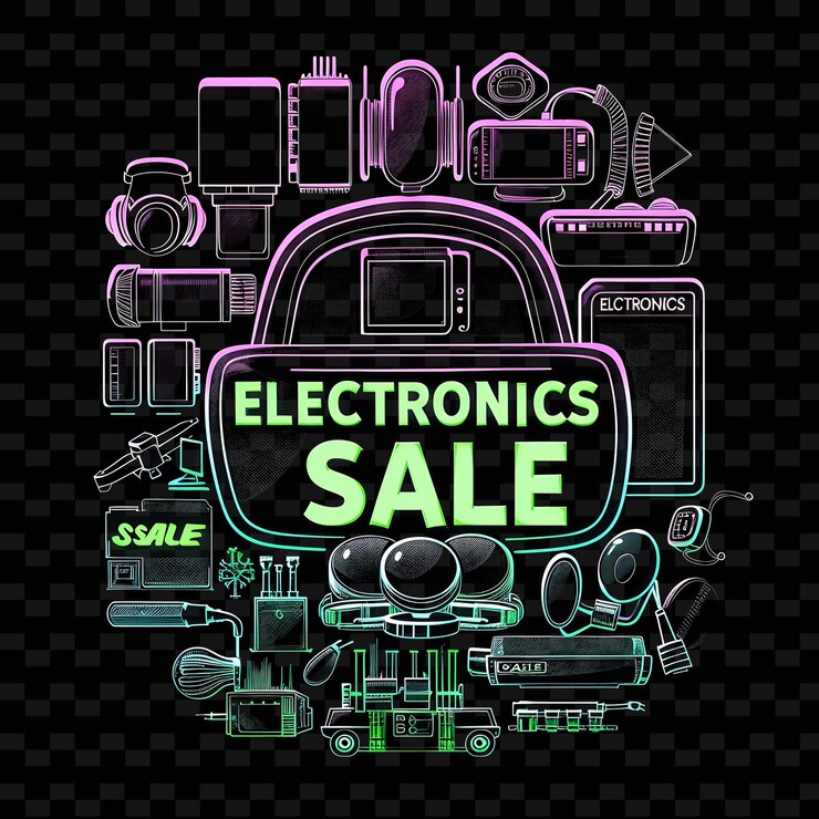 PSD png vibrant neon shine of electronics sale text with a high tech unique decoration idea