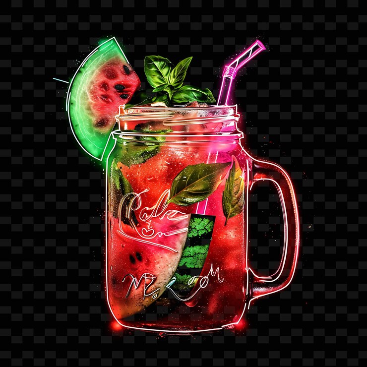 PSD png vibrant neon streaks sandia de sandía beber sostenido en un óxido diseños de bebidas de arte de línea de neón y2k