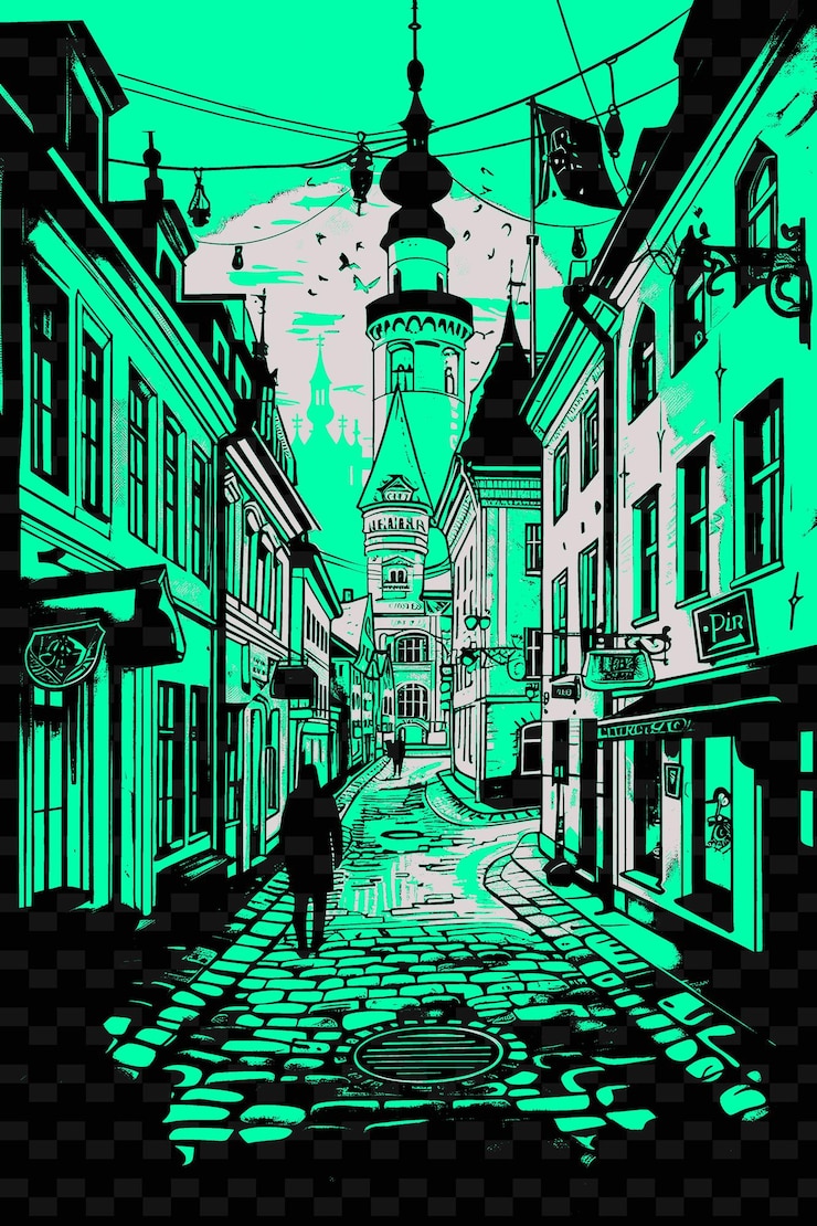 PSD png la vieille ville de tallinn avec une scène de rue médiévale cobblestone str illustration scènes d'art de la ville