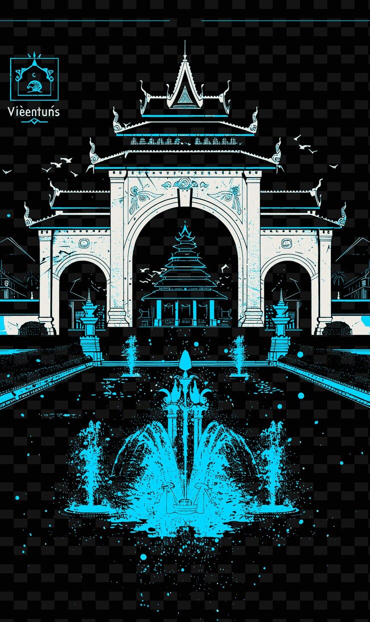 PSD png vientianes patuxai con la escena monumental de la calle estilo lao ar ilustración de la escena de la ciudad decoración artística