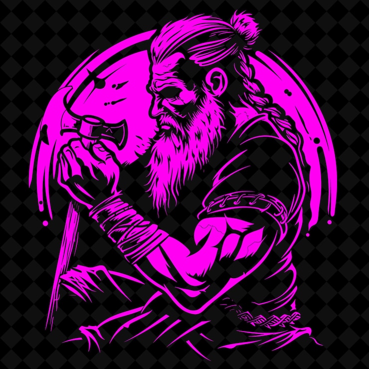 PSD png viking holding an axe with a determined look in a prayer pos medieval warrior character shape