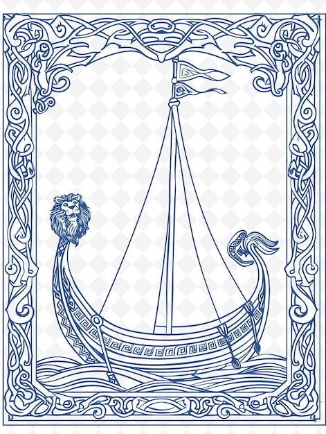 PSD png viking lion schiffrahmenkunst mit rudern und wellen dekorationen b illustration rahmenkunst dekoration