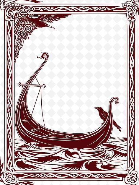 Png viking longship rahmenkunst mit raben und wellen dekorationen b illustration rahmenkunst dekorativ