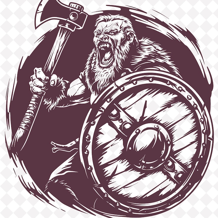 PSD png vikingo sosteniendo un hacha danesa y un escudo redondo expresando rabia forma de personaje de guerrero medieval