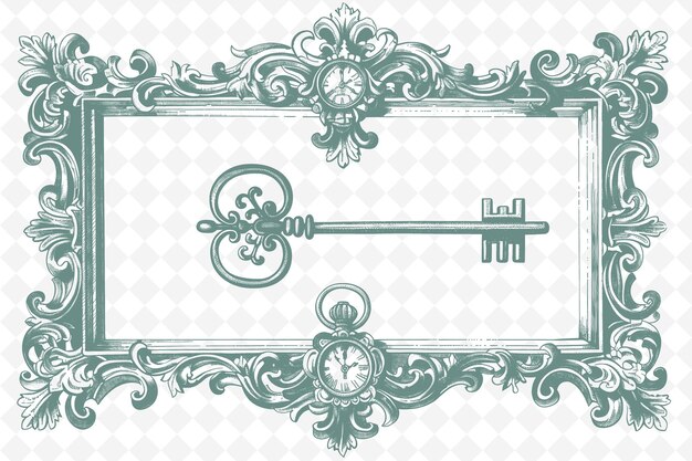 PSD png vintage frame art avec clé antique et montre de poche décorati illustration frame art décoratif