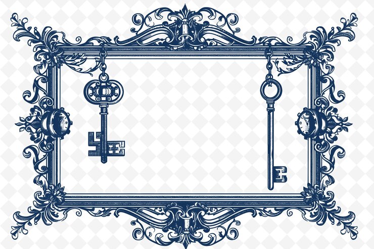 PSD png vintage frame art with antique key and pocket watch decorati illustration frame art decorative