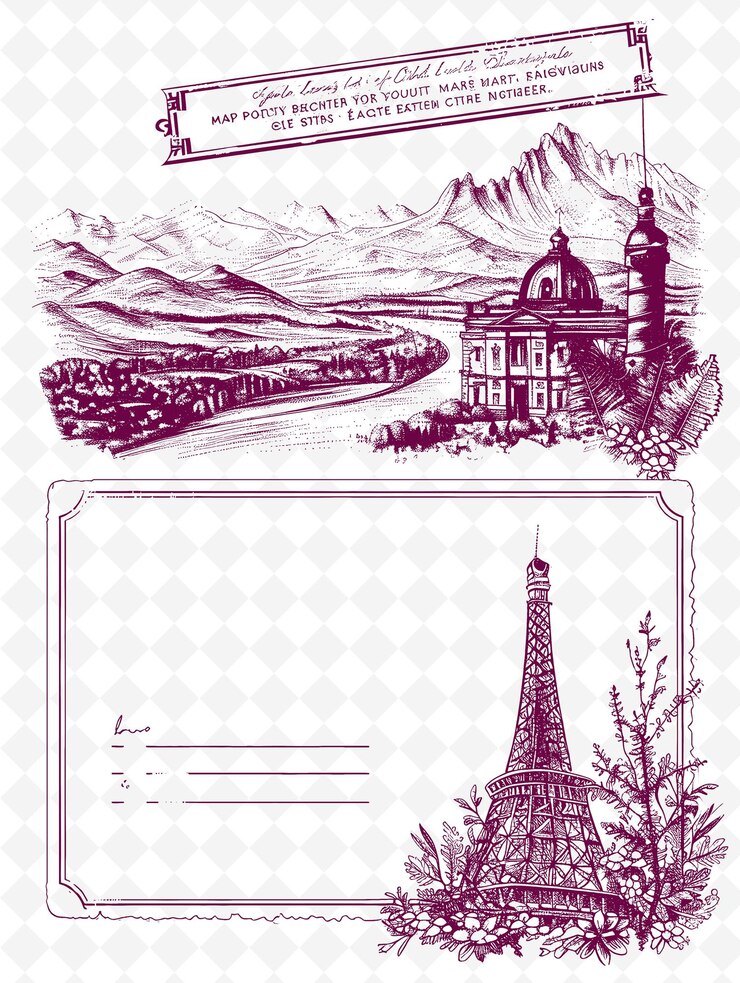 PSD png vintage postcard design with a hand painted frame style comp outline arts scribble decorative