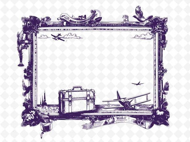 PSD png vintage-reiserahmenkunst mit koffer und flugzeugdekorationen illustrationsrahmenkunst dekorative