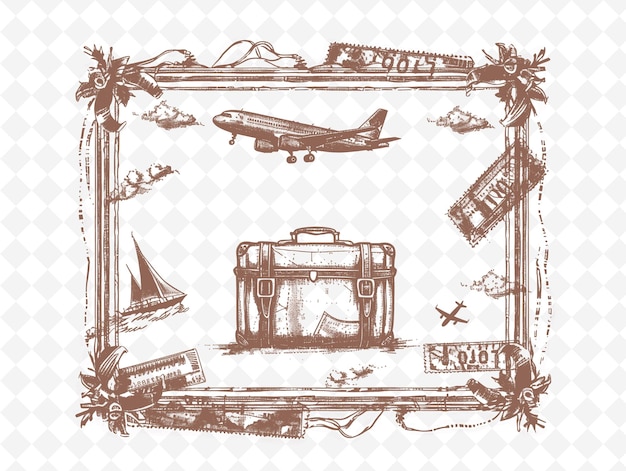 PSD png vintage travel frame art com mala e decoração de avião ilustração frame art decorative