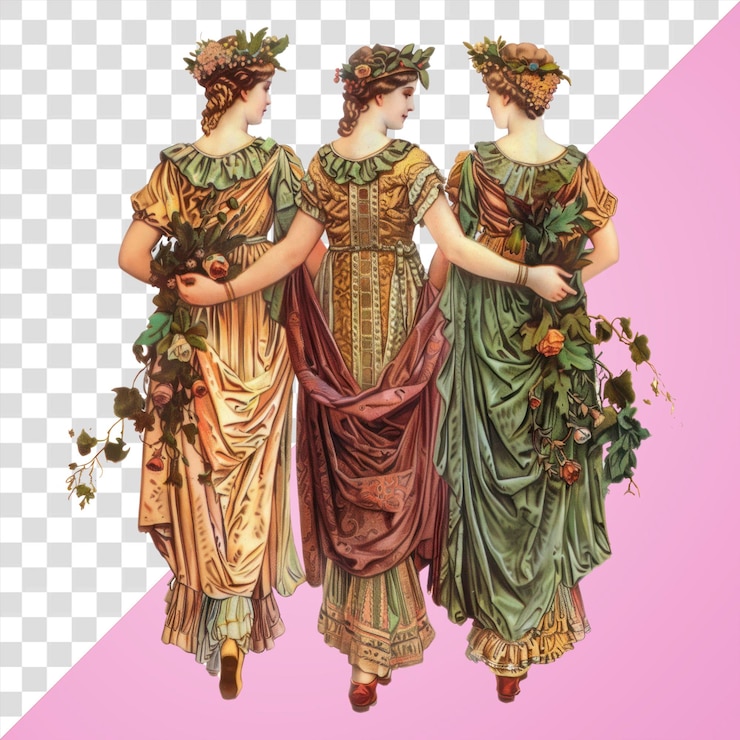 PSD png vintage women floral dresses