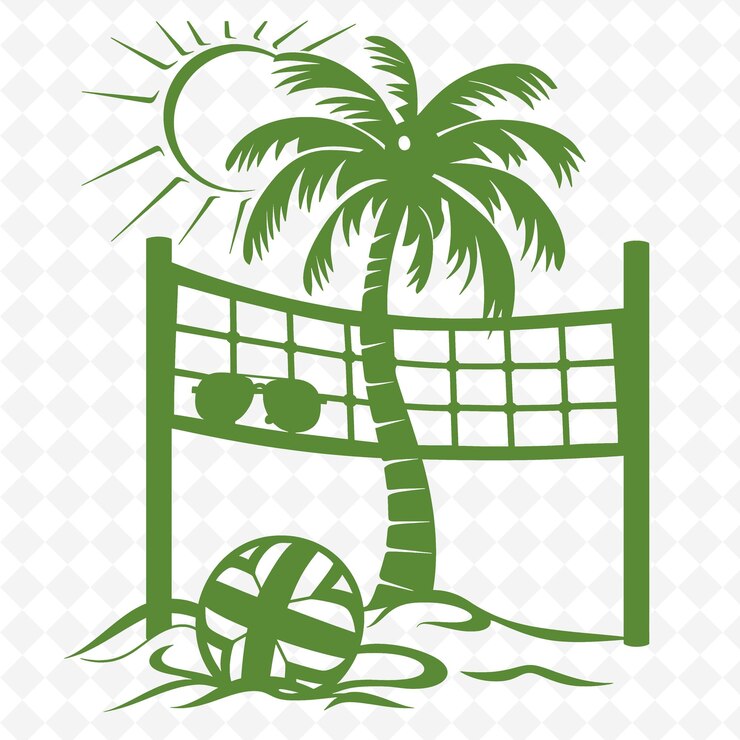 PSD png volleyball com logotipo com tema de praia com um palmeira sun outline art designs criativos
