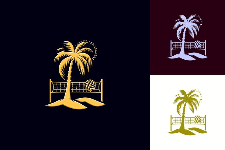 PSD png volleyball com logotipo com tema de praia com um palmeira sun outline art designs criativos