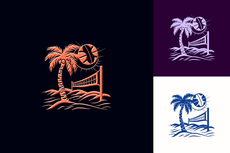 PSD png volleyball con logotipo temático de playa con un contorno de sol de palma diseños creativos de arte