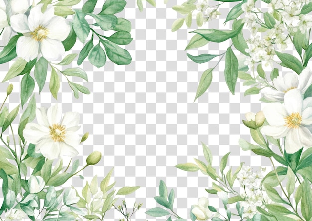 PNG weiße und grüne Hochzeitsblumen auf unsichtbarem Rechteckrahmen Illustration Aquarellblumen