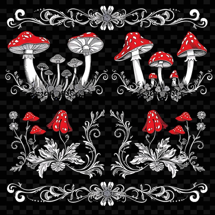 PSD png whimsical garden fairy borderlines design com toadstool motillustration coleções abstratas