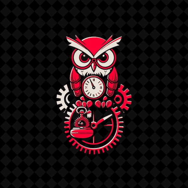 PSD png wise owl perché sur un ensemble d'engrenages portant un monocle et un vecteur de contour de mascotte animale