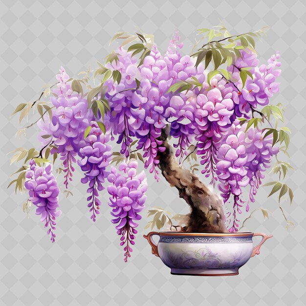 Png wisteria bonsai árbol compuesto de la olla de bambú hojas graciosas la decoración de árboles diversos transparentes