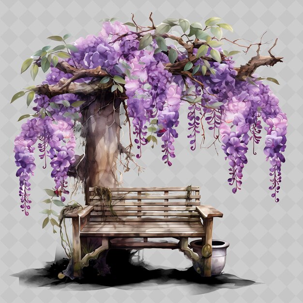 PSD png wisteria bonsai árbol compuesto de olla de porcelana hojas románticas transparentes decoración de árboles diversos