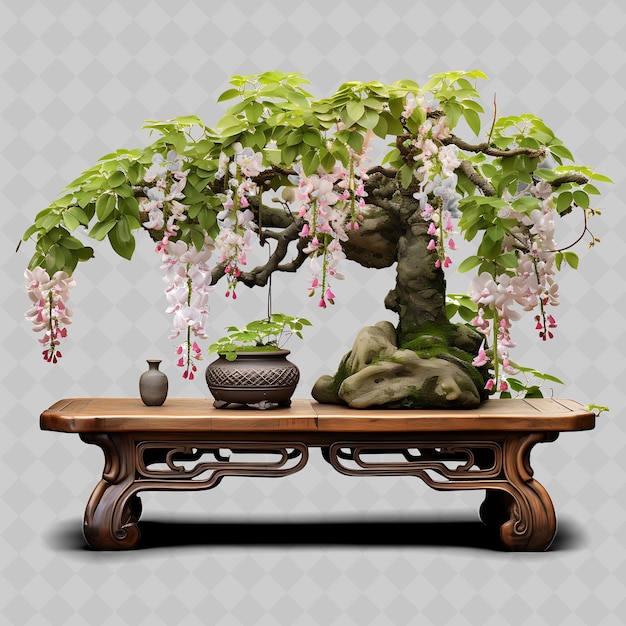 Png wisteria bonsai árbol vintage compuesto de olla de cerámica hojas rom transparentes decoración de árboles diversos