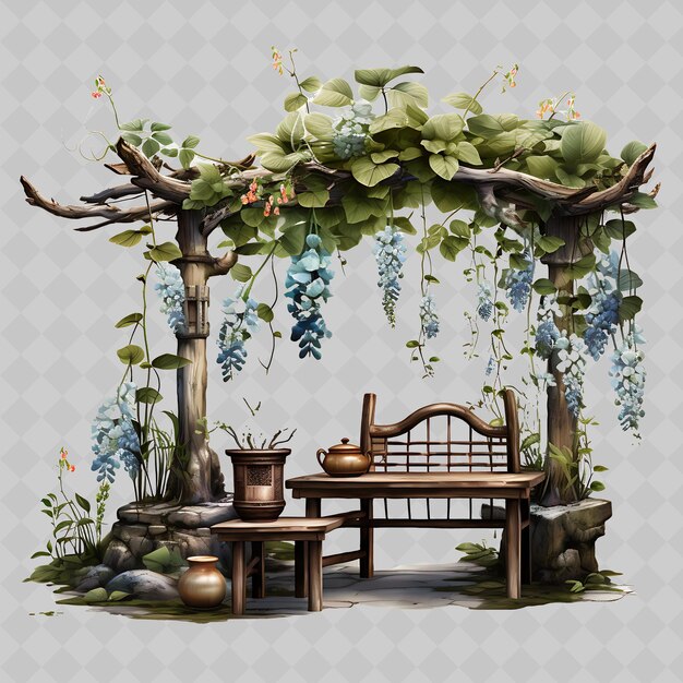 PSD png wisteria bonsai árvore vintage pot cerâmica composto folhas rom transparente decoração de árvores diversas