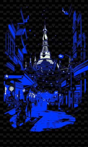 PSD png yangons sule pagoda road com escena de rua religiosa colônia ilustração cidades escena decoração de arte