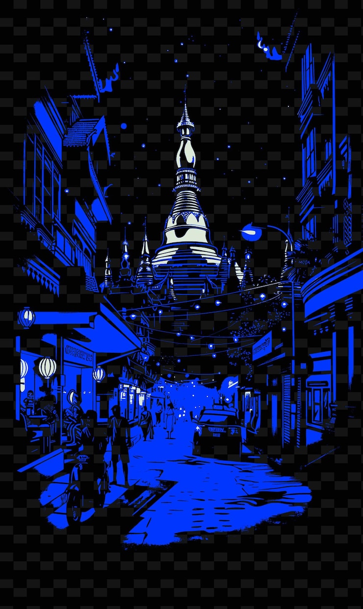 PSD png yangons sule pagoda road con escena de la calle religiosa colonia ilustración de la ciudad escena decoración de arte