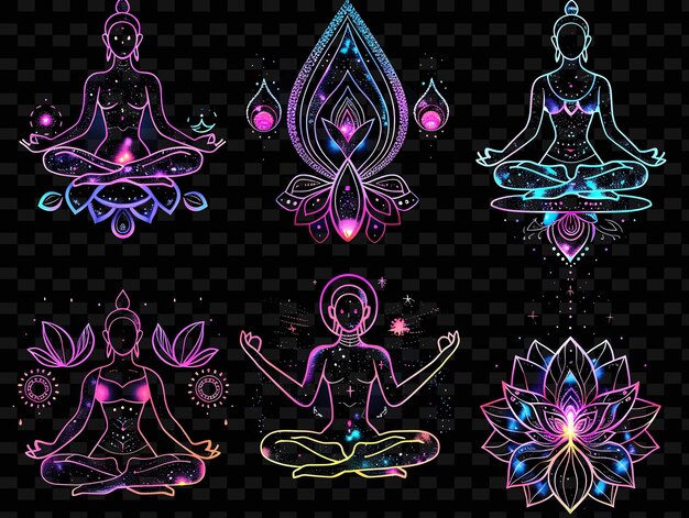 PSD png yoga em forma de adesivo com emblemas de posturas de ioga e com radia creative neon y2k shape decorativen