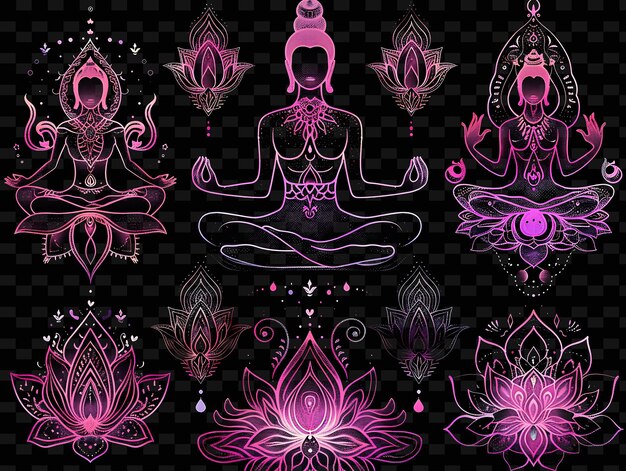 PSD png yoga en forma de calcomanía con emblemas de posturas de yoga y con radia creative neon y2k en forma de decoración