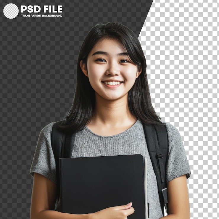 PSD png young student with a backpack holding a notebook smiling confidently against a white background
