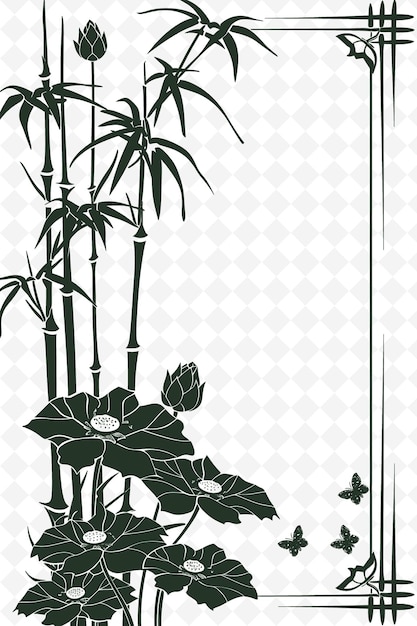 PSD png zen frame art com flores de lótus e decorações de bambu borde ilustração frame art decorative