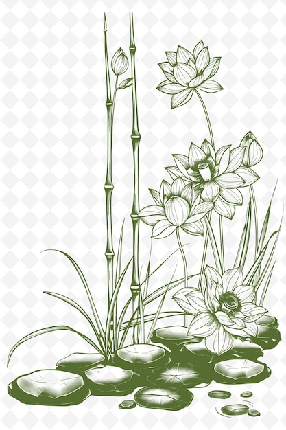 PSD png zen rahmenkunst mit lotusblumen und bambusdekorationen borde illustration rahmenkunst dekorativ