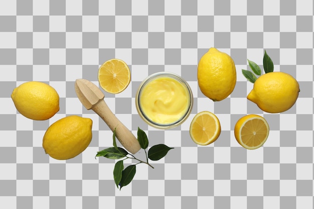 PNG Zitronenquark Zitrone mit Sahne in einem durchsichtigen Glaskrug, isoliert auf weißem Hintergrund