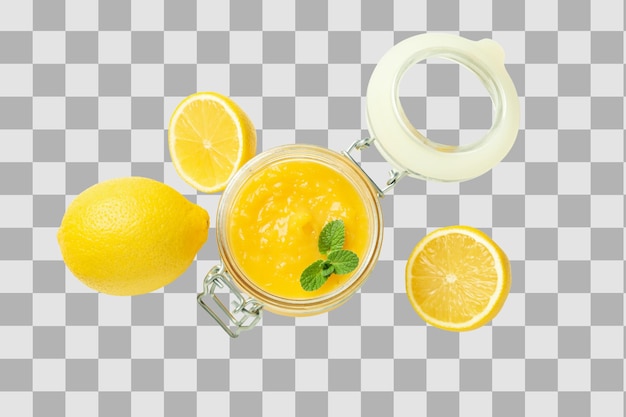 PNG Zitronenquark Zitrone mit Sahne in einem durchsichtigen Glaskrug, isoliert auf weißem Hintergrund