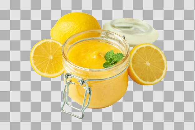 PNG Zitronenquark Zitrone mit Sahne in einem durchsichtigen Glaskrug, isoliert auf weißem Hintergrund