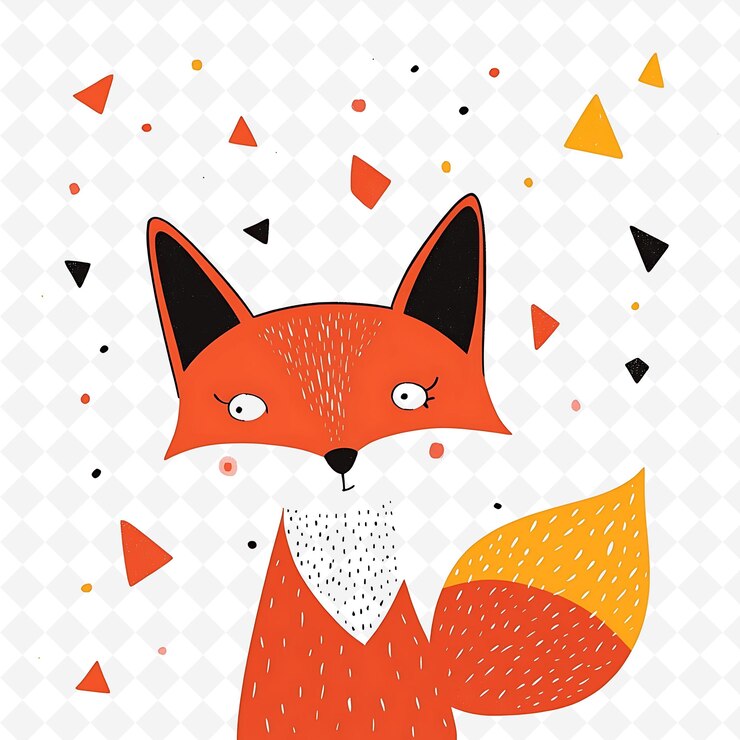 PSD png zorro curioso con formas de diamantes esparcidas como confeti adora la ilustración plana personaje lindo
