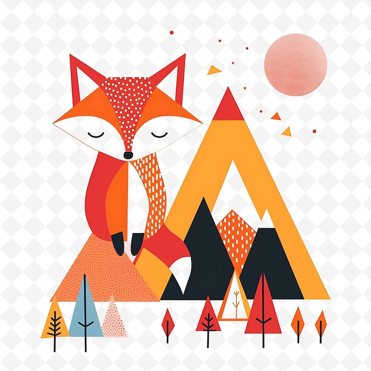 PSD png zorro feliz con formas triangulares dispuestas como una montaña rang ilustración plana personaje lindo