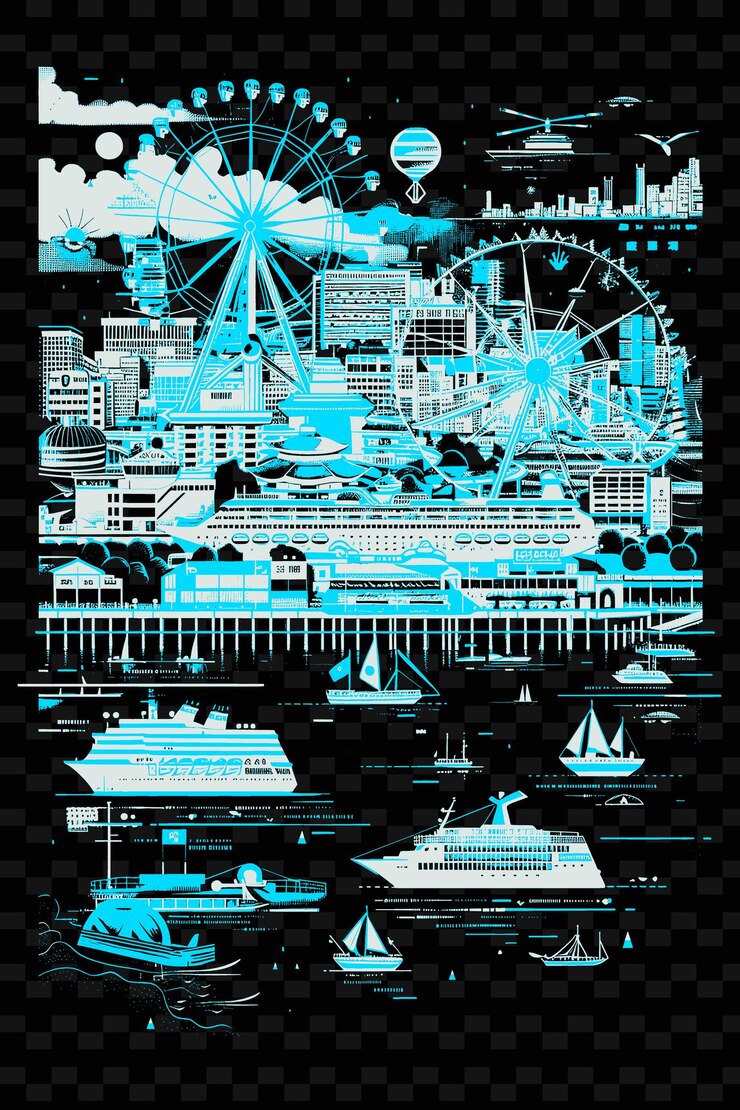PSD pnges harborland con frente al mar scene de la calle centros comerciales ilustración de la ciudad scene decoración artística