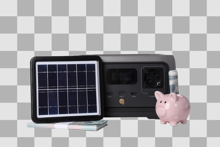 PSD pngestación de carga portátil y panel solar aislados sobre un fondo blanco