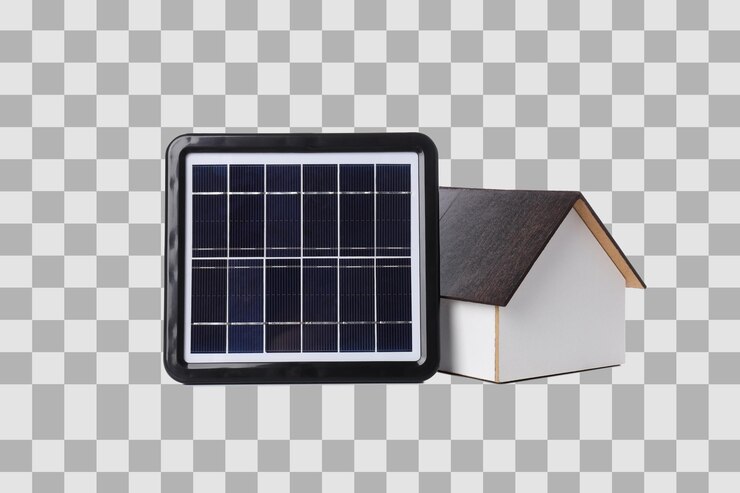 PSD pngpaneis solares portáteis com casa de madeira isolada em fundo branco