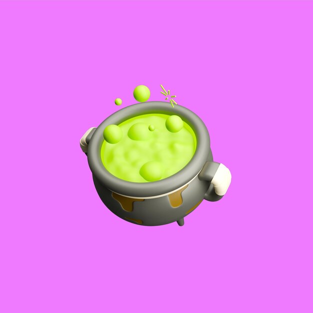una poción de icono 3D con un líquido hirviendo verde y con una olla oxidada