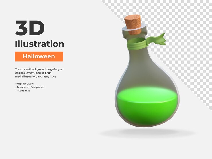 PSD poción mágica en botella de vidrio ilustración de icono 3d de halloween
