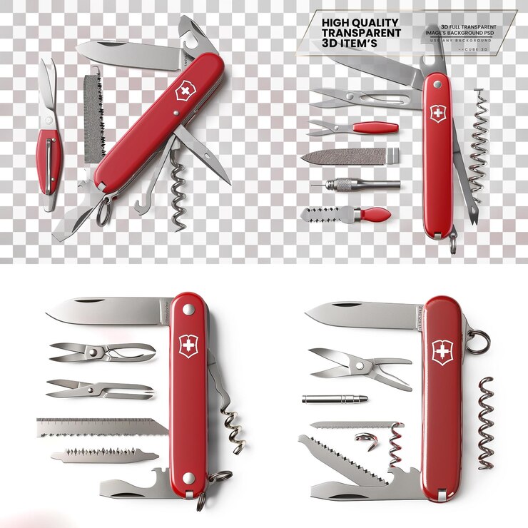 PSD pocket knife multipurpose knife with stainless steel blades on transparent background