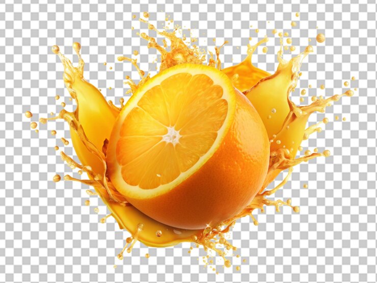PSD un poco de jugo de naranja con la palabra naranja en él