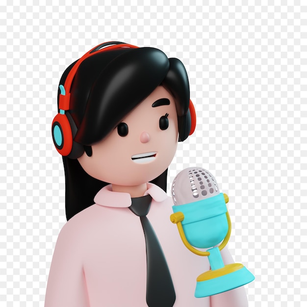 PSD podcaster femenino 3d una caricatura de una mujer con un micrófono y una camisa rosa que dice 'radio' en él